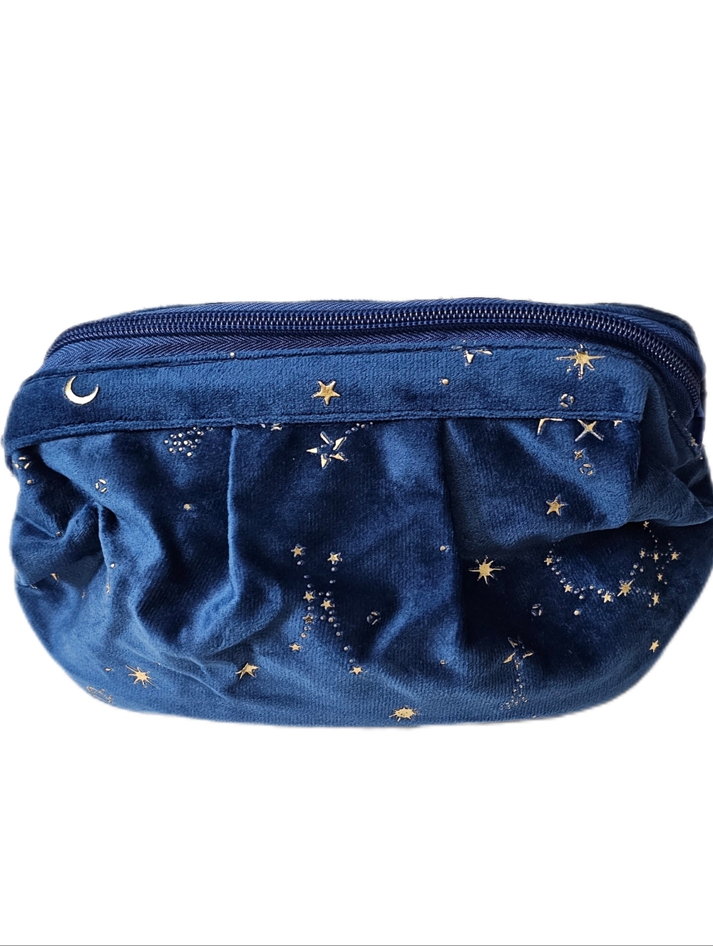 Blue Gold Velvet clamshell zip makeup cosmetics bag clutch stars moon design NEW
